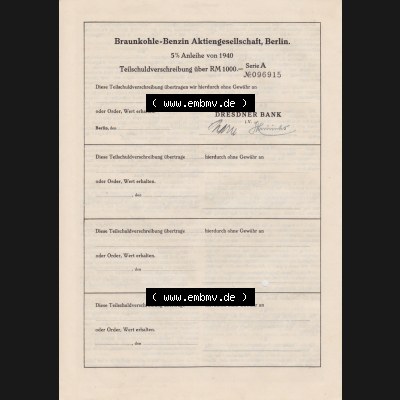1940 Mai Berlin, Braunkohle-Benzin Aktiengesellschaft Berlin, 5 Prozent Anleihe von 1940, 1000 Reichsmark (2) Sammlung