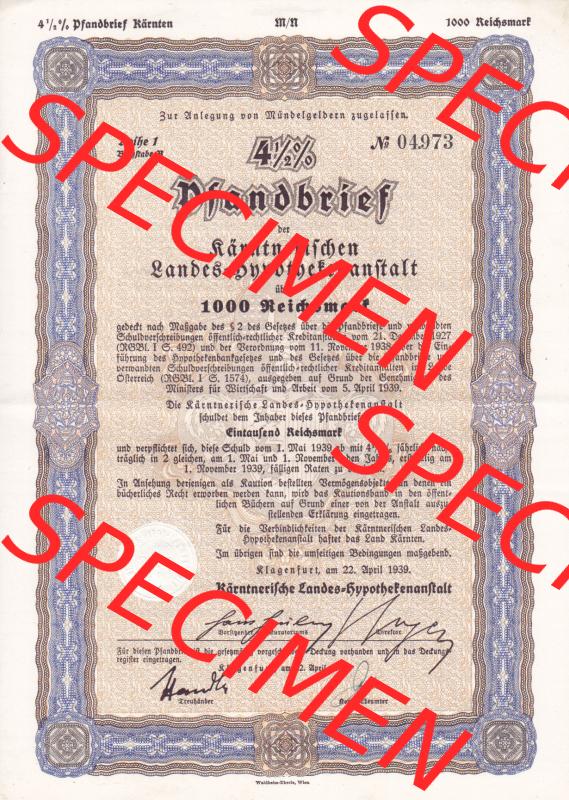 Österreich 1939, 4.5 Prozent Pfandbrief, Zur Anlegung von Mündelgeldern zugelassen, Kärntnerischer Landes-Hypothekenanstalt (1) Sammlung