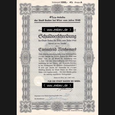 Österreich 1940, 4 Prozent Anleihe der Stadt Baden bei Wien vom Jahre 1940, Schuldverschreibung über Eintausend Reichsmark (1) Sammlung