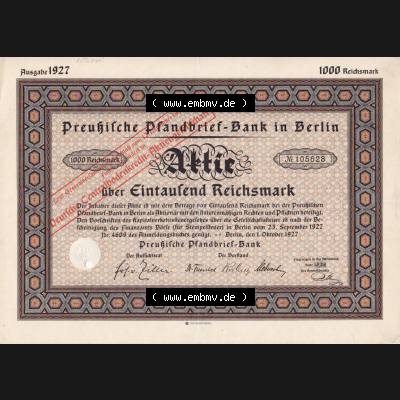 Aktie 1927 Preußische Pfandbrief-Bank in Berlin, Aktie über Eintausend Reichsmark (1) Sammlung