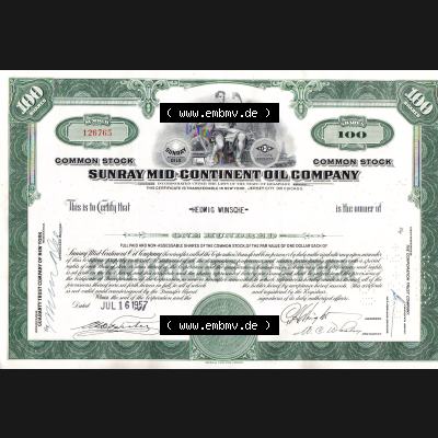 USA Öl 1957, Sunray MID-Continent Oil Company, Stammaktie Common Stock 100 Shares-Aktien (1) Sammlung