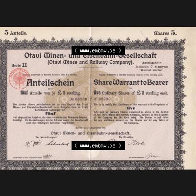1921, 5 Anteile, Serie II, Otavi Minen- und Eisenbahn-Gesellschaft, fünf Anteile von 1 Sterling (1) Sammlung