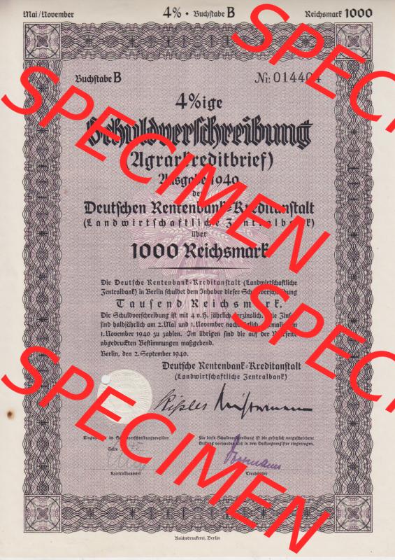 1940 September, 4 Prozent Schuld-Verschreibung, Agrarkreditbrief, Wert 1000 Reichsmark, Berlin (1) Sammlung