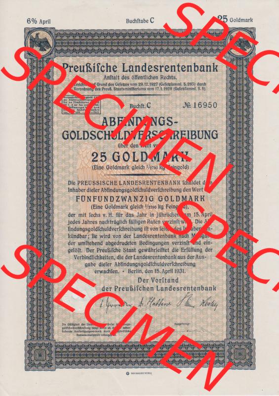 1931, April, Preußische Landesrentenbank, Abfindungs-Gold-Schuldverschreibung über Wert von 25 Goldmark (1) Sammlung