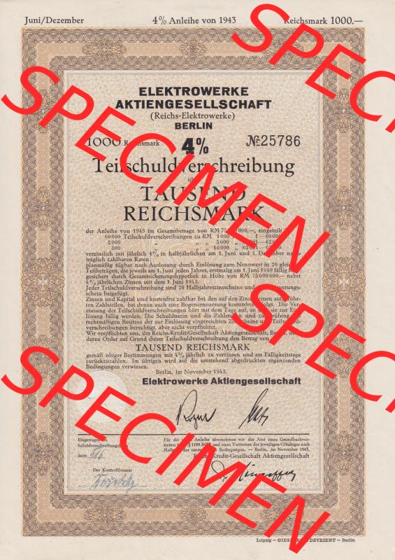 Elektrowerke Aktiengesellschaft, Reichs-Elektrowerke, Berlin, 1000 Reichsmark, Teil-Schuld-Verschreibung, 4 Prozent (1) Sammlung