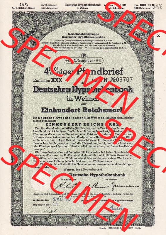 1939, grünes Deutschen Hypothekenbank in Weimar Einhundert Reichsmark (1) Sammlung