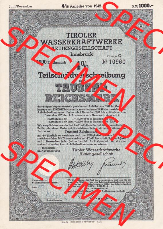 Österreich 1942, Tiroler Wasserkraftwerke Aktiengesellschaft, Teilschuldverschreibung über Tausend Reichsmark (1) Sammlung