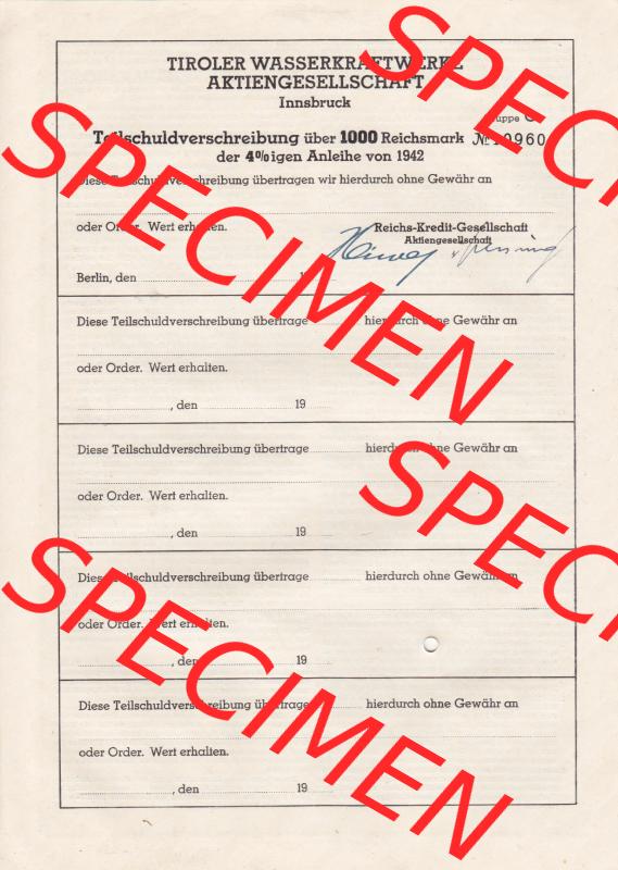 Österreich 1942, Tiroler Wasserkraftwerke Aktiengesellschaft, Teilschuldverschreibung über Tausend Reichsmark (2) Sammlung