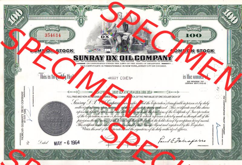 USA Öl 1964, Sunray DX Oil Company, 100 Shares-Aktien (1) Sammlung
