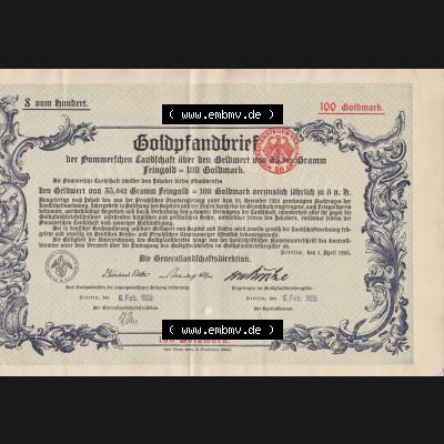 1925 1. April, Stettin, Goldpfandbrief der Pommerschen Landschaft über den Geldwert, Feingold 100 Goldmark (1) Sammlung