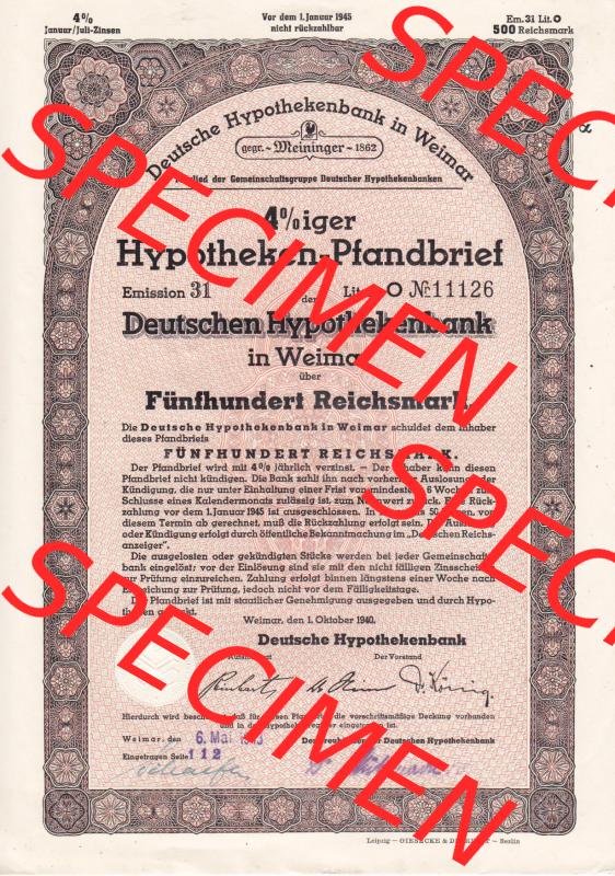 Deutsches Reich 1940, Weimar Deutsche Hypothekenbank in Weimar über Fünfhundert Reichsmark mit 4 Prozent verzinst (1) Sammlung