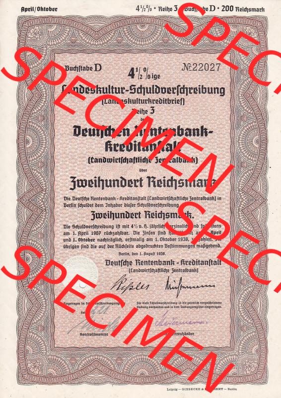 1938, Deutsche Rentenbank-Kreditaanstalt, Landeskultur-Schuldverschreibung 200 Reichsmark (1) Sammlung