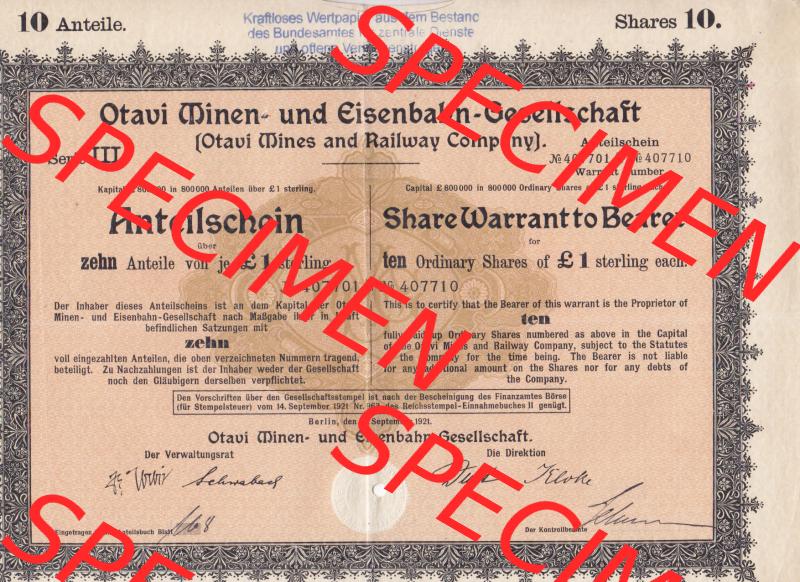 1921, 10 Anteile, Serie III, Otavi Minen- und Eisenbahn-Gesellschaft, zehn Anteile von 1 Sterling (1) Sammlung
