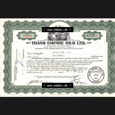 USA Öl 1955, Trans Empire Oils LTD., one Hundred, Zertifikat für 100 Aktien (1) Sammlung