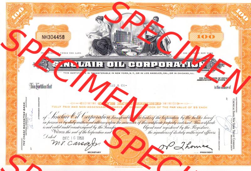 USA Öl 1968, Sinclair Oil Corporation, This Certifities that 100 Shares, Zertifikat auf 100 Aktien (1) Sammlung