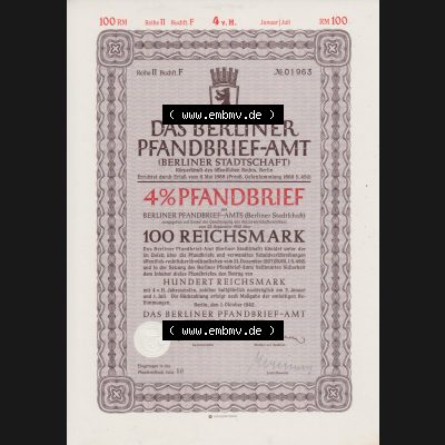 Deutsches Reich 1942, Das Berliner Pfandbrief-Amt Berliner Stadtschaft 100 Reichsmark (1) Sammlung
