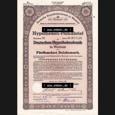Deutsches Reich 1940, Weimar Deutsche Hypothekenbank in Weimar über Fünfhundert Reichsmark mit 4 Prozent verzinst (1) Sammlung