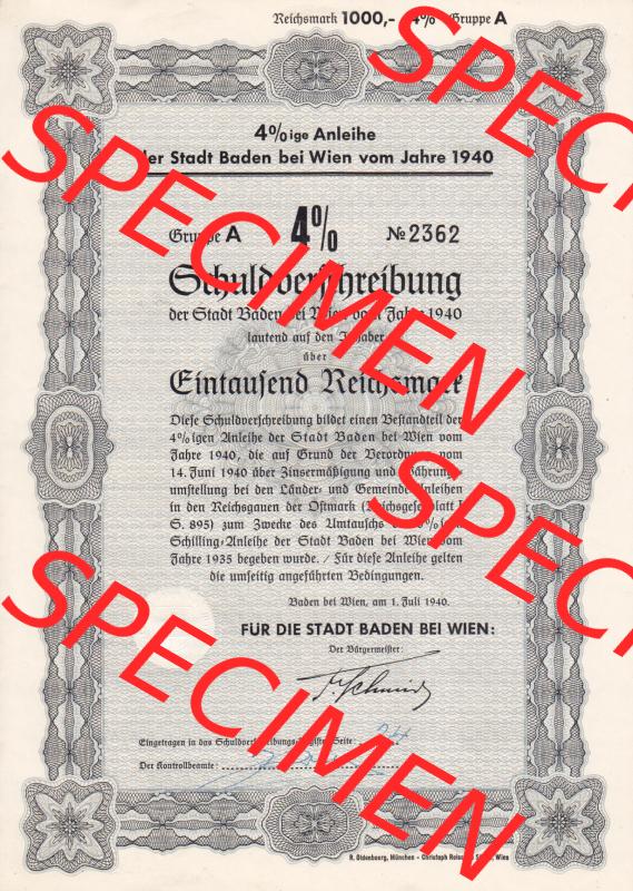 Österreich 1940, 4 Prozent Anleihe der Stadt Baden bei Wien vom Jahre 1940, Schuldverschreibung über Eintausend Reichsmark (1) Sammlung