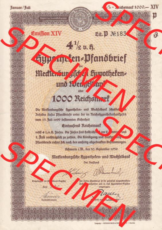 1939 September, 1000 Reichsmark, 4.5 v.H. Hypotheken-Pfandbrief der Mecklenburgischen Hypotheken- und Wechselbank (1) Sammlung