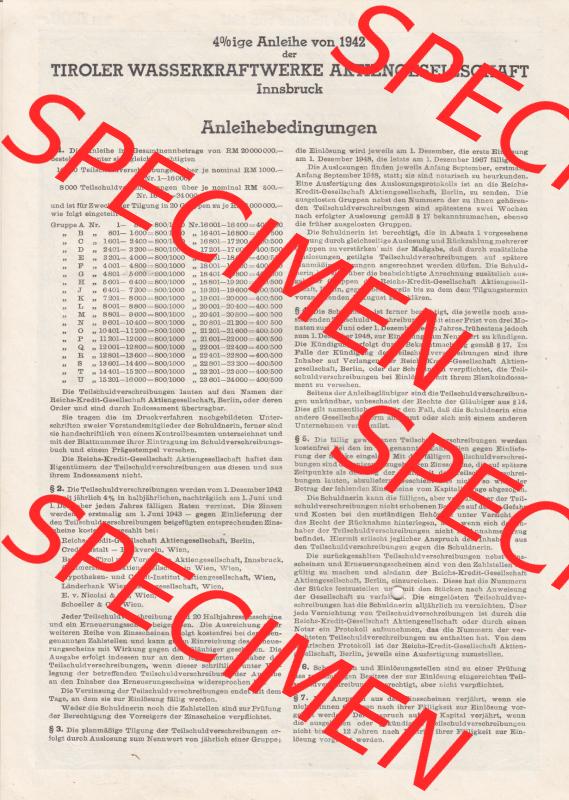 Österreich 1942, Tiroler Wasserkraftwerke Aktiengesellschaft, Teilschuldverschreibung über Tausend Reichsmark (3) Sammlung