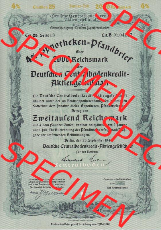 Deutsches Reich 1941 4 Prozent Hypotheken-Pfandbrief über 2000 Reichsmark Deutschen Centralbodenkredit-Aktiengesellschaft Zweitausend Reichsmark (1) Sammlung