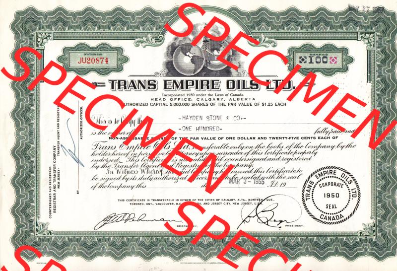 USA Öl 1955, Trans Empire Oils LTD., one Hundred, Zertifikat für 100 Aktien (1) Sammlung