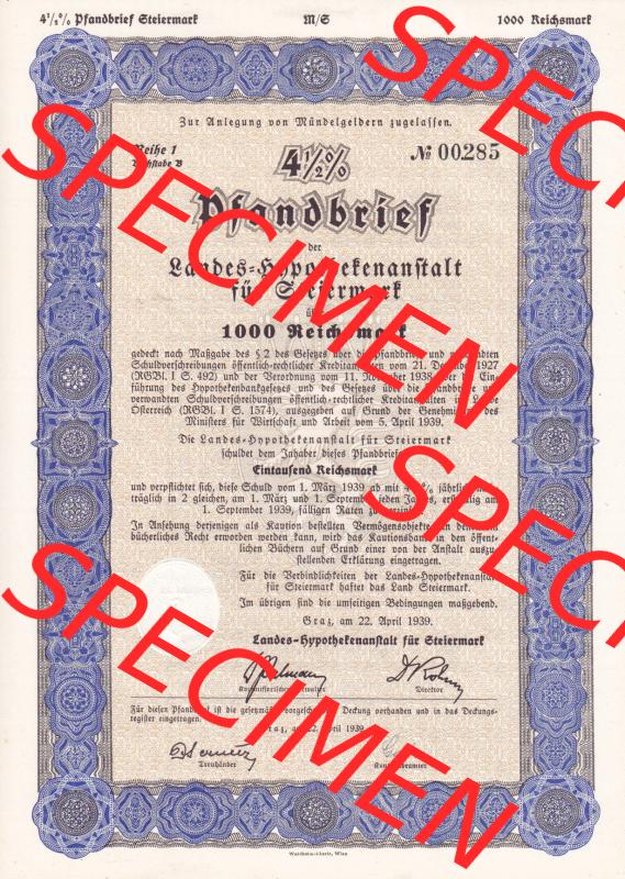Österreich 1939, Graz, Pfandbrief der Landes-Hypothekenanstalt für Steiermark über 1000 Reichsmark (1) Sammlung