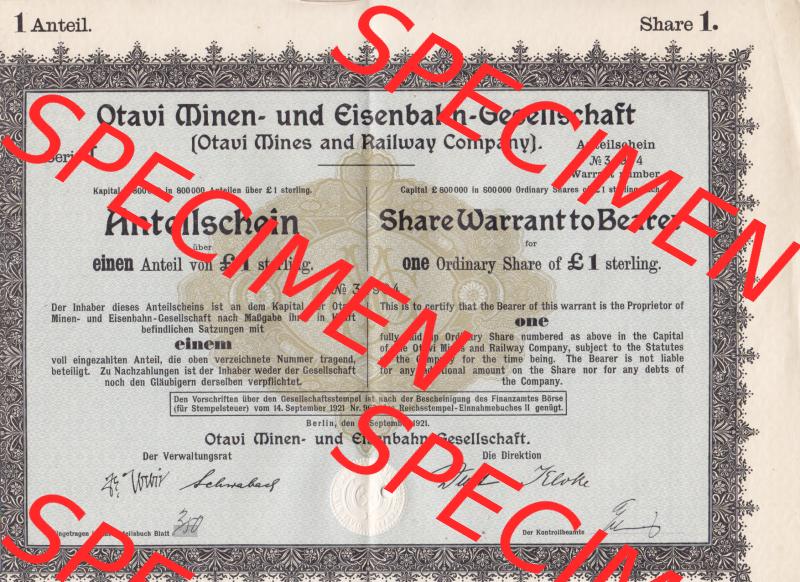 1921, 1 Anteil, Serie I, Otavi Minen- und Eisenbahn-Gesellschaft, einen Anteil von 1 Sterling (1) Sammlung