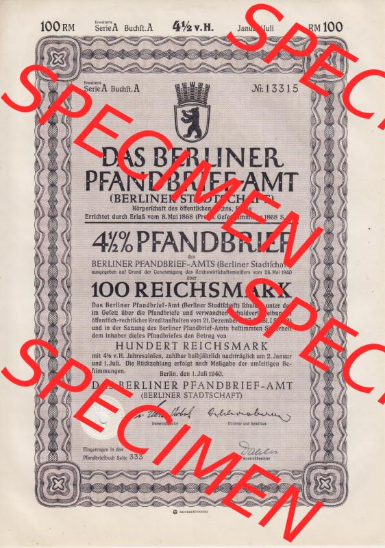 Deutsches Reich 1940, Das Berliner Pfandbrief-Amt 4.5 Prozent Berliner Stadtschaft 100 Reichsmark (1) Sammlung