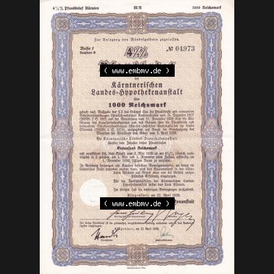 Österreich 1939, 4.5 Prozent Pfandbrief, Zur Anlegung von Mündelgeldern zugelassen, Kärntnerischer Landes-Hypothekenanstalt (1) Sammlung