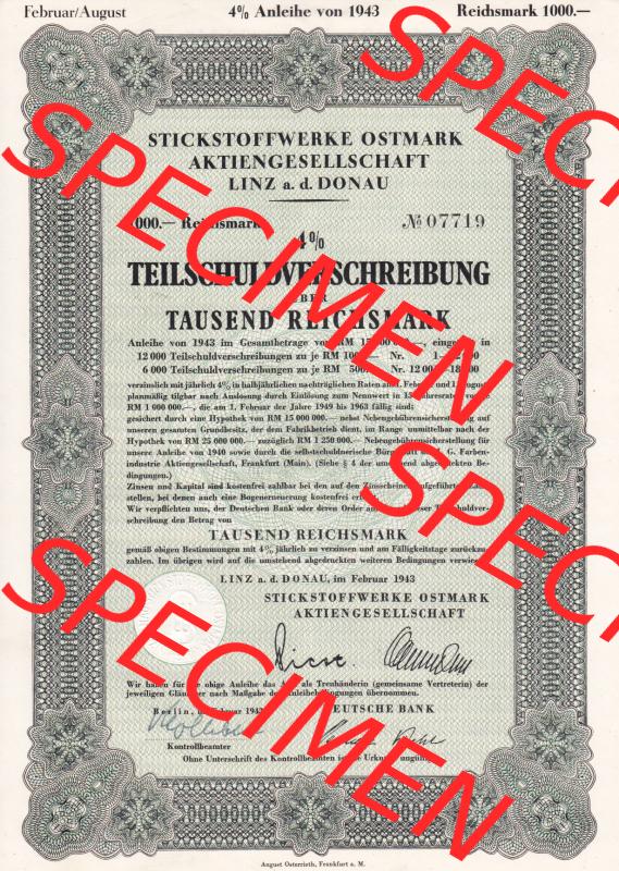 Österreich 1943, Stickstoffwerke Ostmark Linz a.d. Donau, Teilschguldverschreibung über Tausend Reichsmark (1) Sammlung