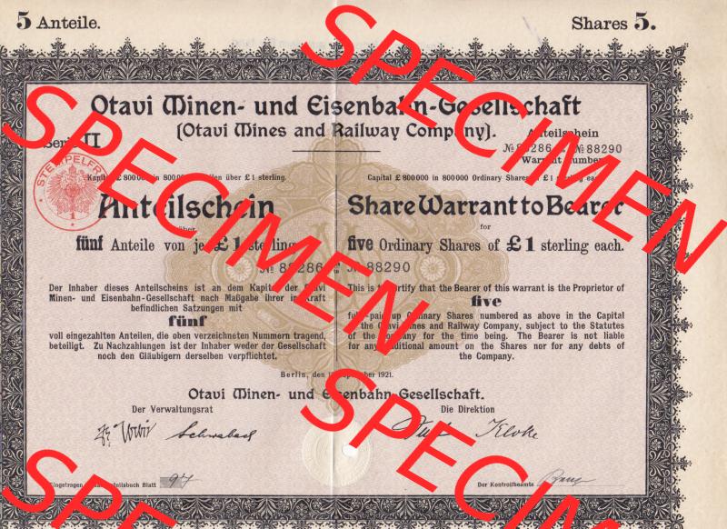 1921, 5 Anteile, Serie II, Otavi Minen- und Eisenbahn-Gesellschaft, fünf Anteile von 1 Sterling (1) Sammlung