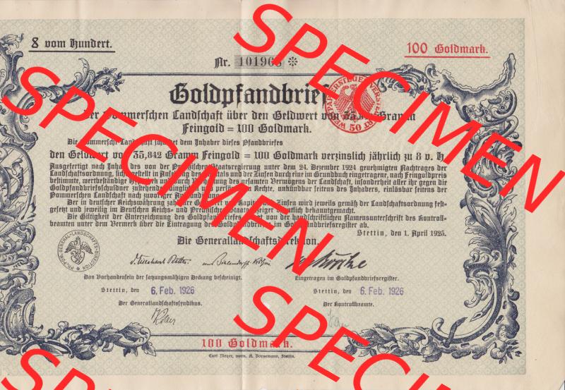 1925 1. April, Stettin, Goldpfandbrief der Pommerschen Landschaft über den Geldwert, Feingold 100 Goldmark (1) Sammlung
