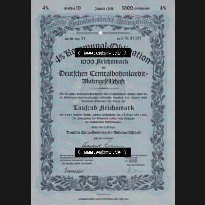 Deutsches Reich 1941, 1000 RM Kommunal-Obligation über 1000 Reichsmark Deutschen Centralbodenkredit-Aktiengesellschaft Tausend Reichsmark (1) Sammlung