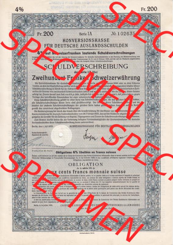 1935, Konversionskasse, Schuldverschreibung, Zweihundert Franken Schweizerwährung (1) Sammlung