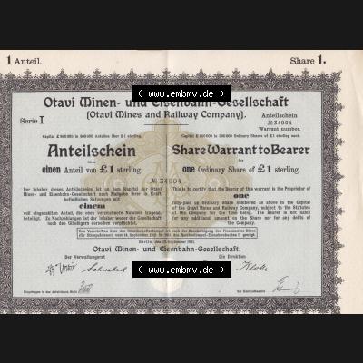 1921, 1 Anteil, Serie I, Otavi Minen- und Eisenbahn-Gesellschaft, einen Anteil von 1 Sterling (1) Sammlung