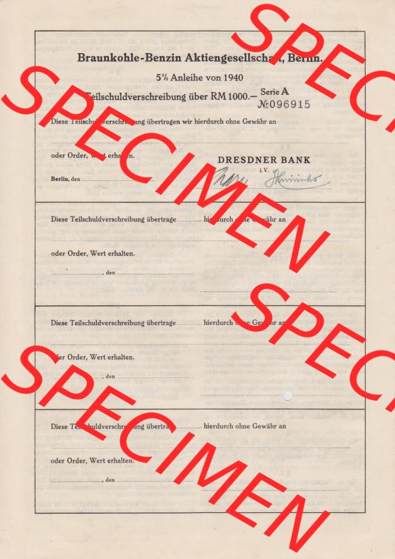 1940 Mai Berlin, Braunkohle-Benzin Aktiengesellschaft Berlin, 5 Prozent Anleihe von 1940, 1000 Reichsmark (2) Sammlung