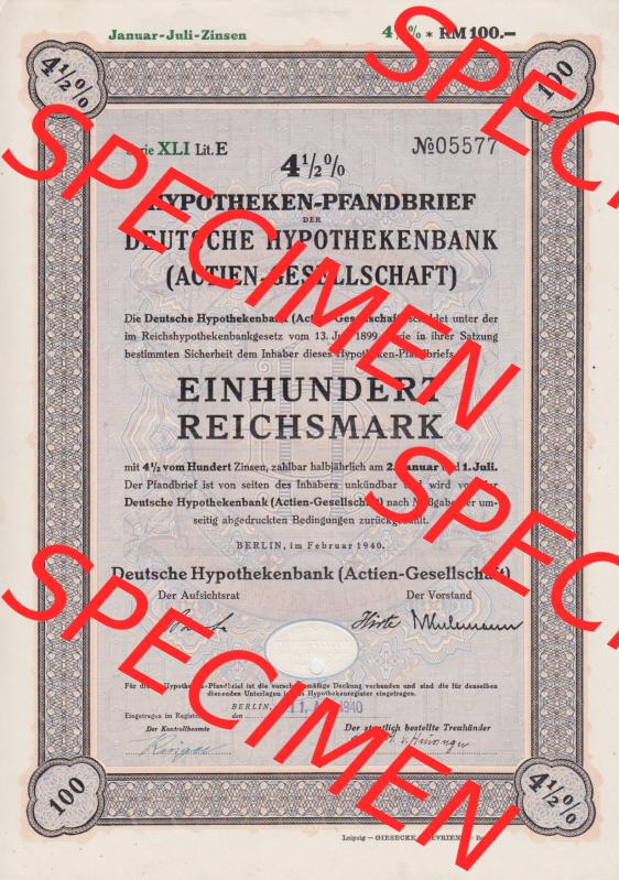 Deutsches Reich 1940, Hypotheken-Pfandbrief, Deutsche Hypothekenbank Actien-Gesellschaft, 100 RM Reichsmark (1) Sammlung