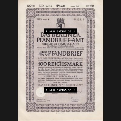 Deutsches Reich 1940, Das Berliner Pfandbrief-Amt 4.5 Prozent Berliner Stadtschaft 100 Reichsmark (1) Sammlung
