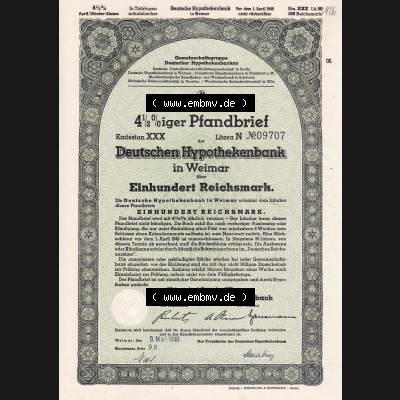 1939, grünes Deutschen Hypothekenbank in Weimar Einhundert Reichsmark (1) Sammlung