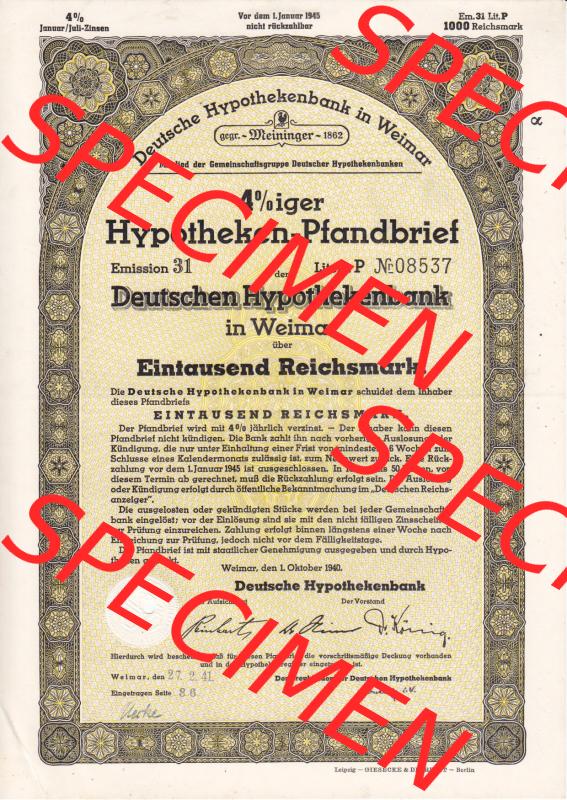 Deutsches Reich 1940, Gelber Hypothekenpfandbrief der Deutschen Hypothekenbank in Weimar über Eintausend Reichsmark (1) Sammlung