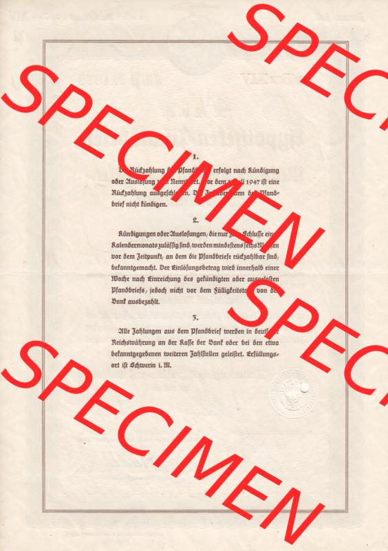 1939 September, 1000 Reichsmark, 4.5 v.H. Hypotheken-Pfandbrief der Mecklenburgischen Hypotheken- und Wechselbank (2) Sammlung