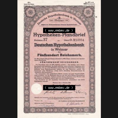 Deutsches Reich 1942, Hypotheken-Pfandbrief der Deutschen Hypothekenbank in Weimar über Fünfhundert Reichsmark (1) Sammlung