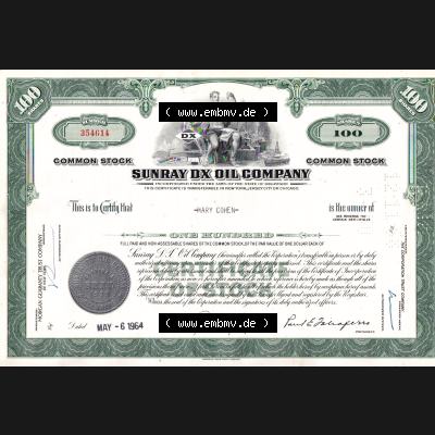 USA Öl 1964, Sunray DX Oil Company, 100 Shares-Aktien (1) Sammlung