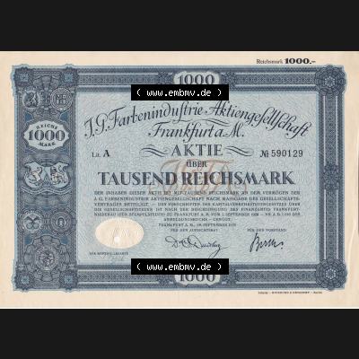 Aktie 1926 Frankfurt am Main, J.G. Farbenindustrie Aktiengesellschaft, Aktie 1000 Tausend Reichsmark (1) Sammlung