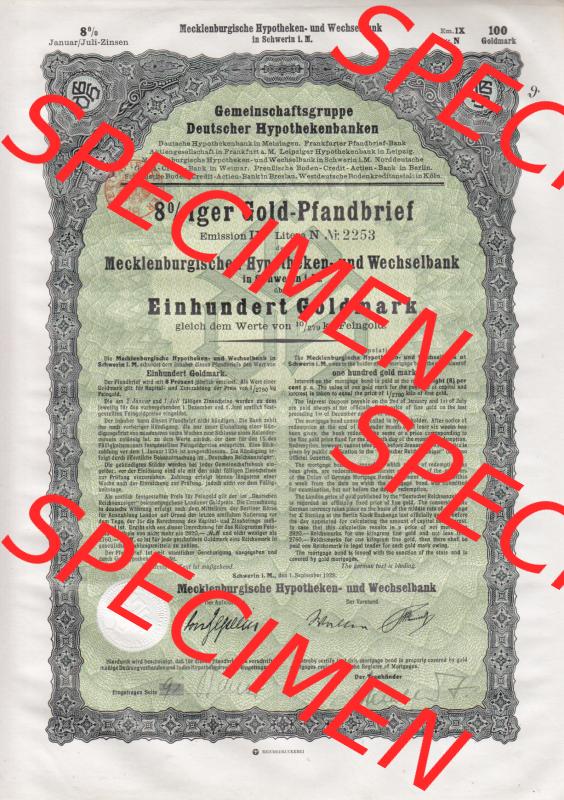 1928 September, Gemeinschaftsgruppe Deutscher Hypothekenbanken, Mecklenburgischen Hypotheken- und Wechselbank, Einhundert Goldmark (1) Sammlung
