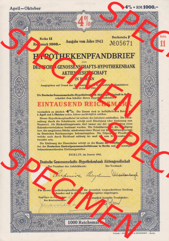 Deutsches Reich 1943 Hypotheken-Pfandbrief, 1000 RM der Deutschen Genossenschaft-Hypothekenbank Aktiengesellschaft in Berlin (1) Sammlung