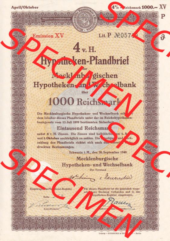 1940 September, 1000 Reichsmark, 4 v.H. Hypotheken-Pfandbrief der Mecklenburgischen Hypotheken- und Wechselbank (1) Sammlung