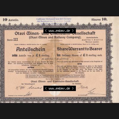 1921, 10 Anteile, Serie III, Otavi Minen- und Eisenbahn-Gesellschaft, zehn Anteile von 1 Sterling (1) Sammlung