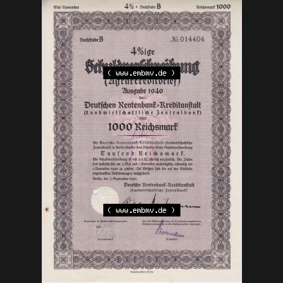 1940 September, 4 Prozent Schuld-Verschreibung, Agrarkreditbrief, Wert 1000 Reichsmark, Berlin (1) Sammlung